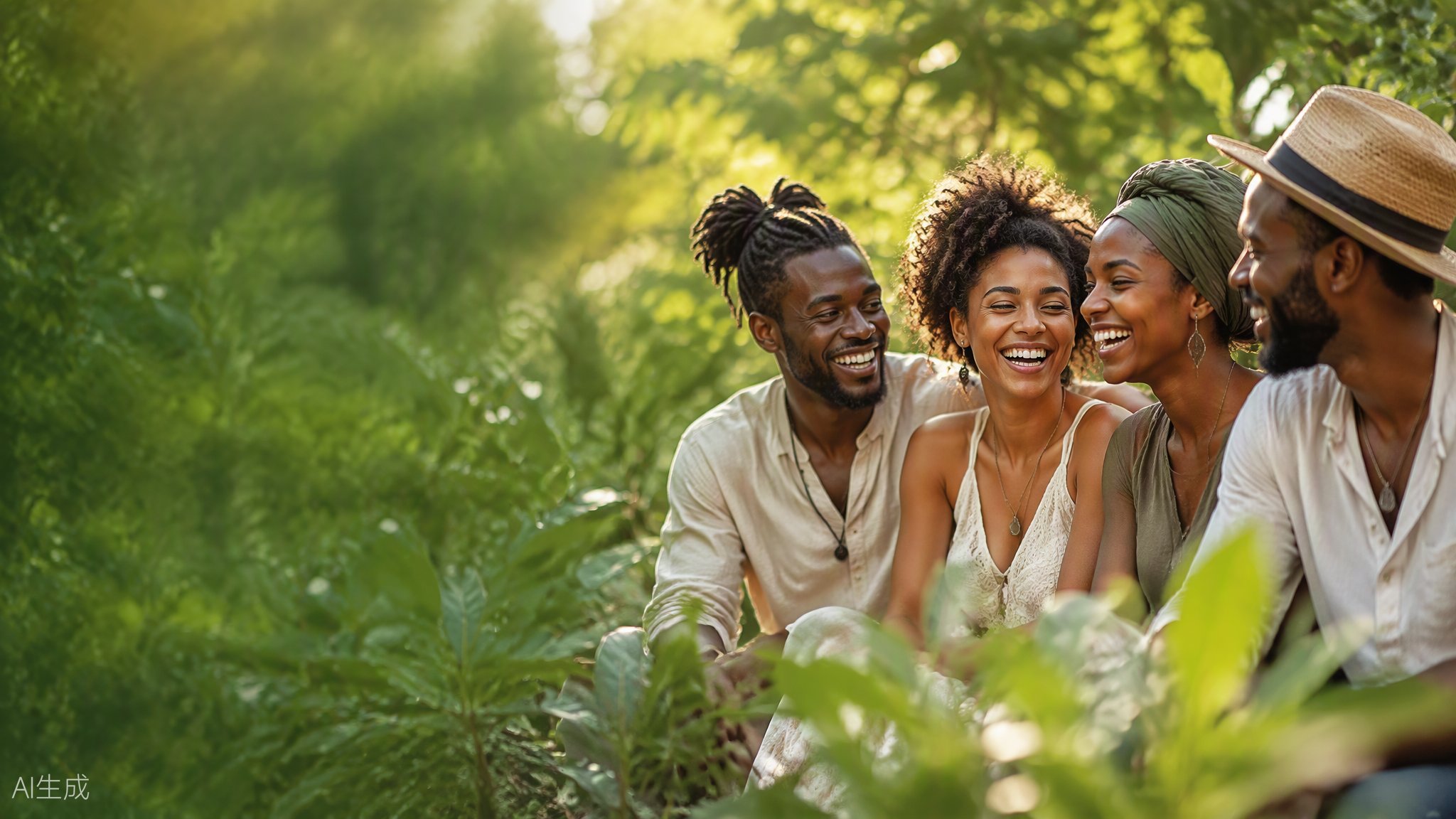 Friends laughing together in lush greenery